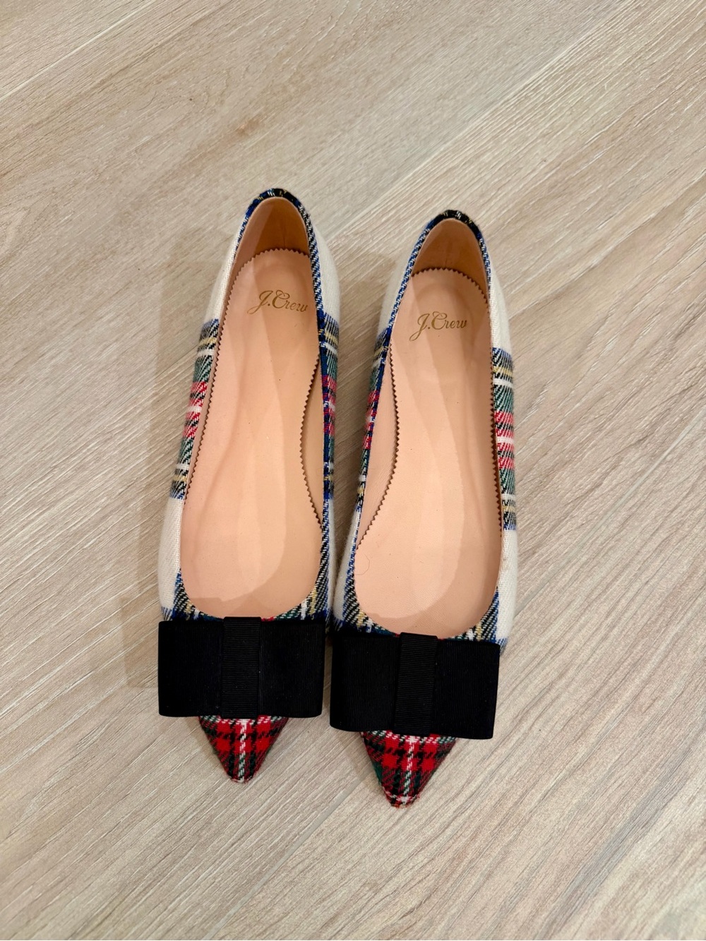 J. Crew Plaid Pointed-Toe Flats with Black Bow - Red, Cream & Navy